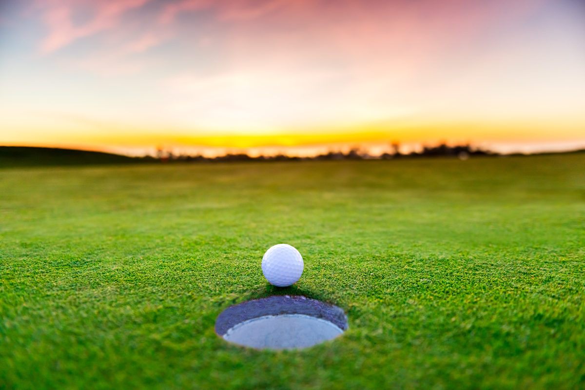 Golf ball close to hole.