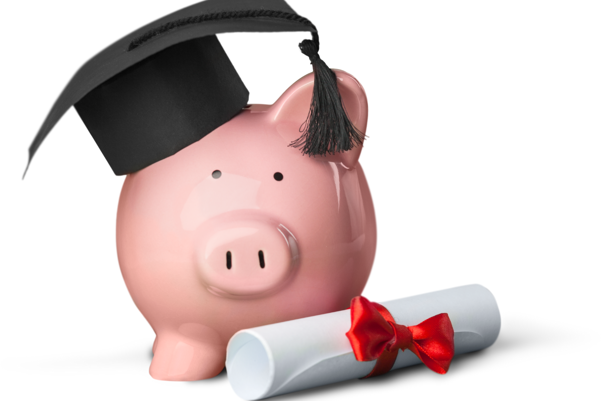Piggy bank wearing graduation cap, diploma next to it