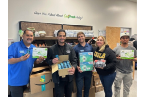 LBS Financial Credit Union donates hygiene items to Cerritos College in Cerritos, CA. Pictured from left to right are Oscar Velasco (LBS Financial Credit Union), Abel Rodriguez (Cerritos College student), Reece Loock (LBS Financial Credit Union), Annette Mulinix (Falcon's Nest Social Work Intern), and David Ramirez (Cerritos College Student).