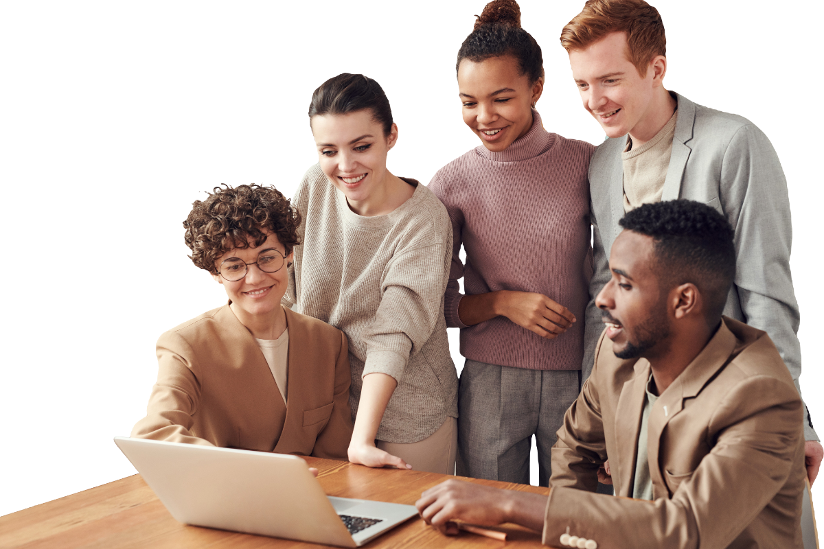 Group of people gathered around a laptop