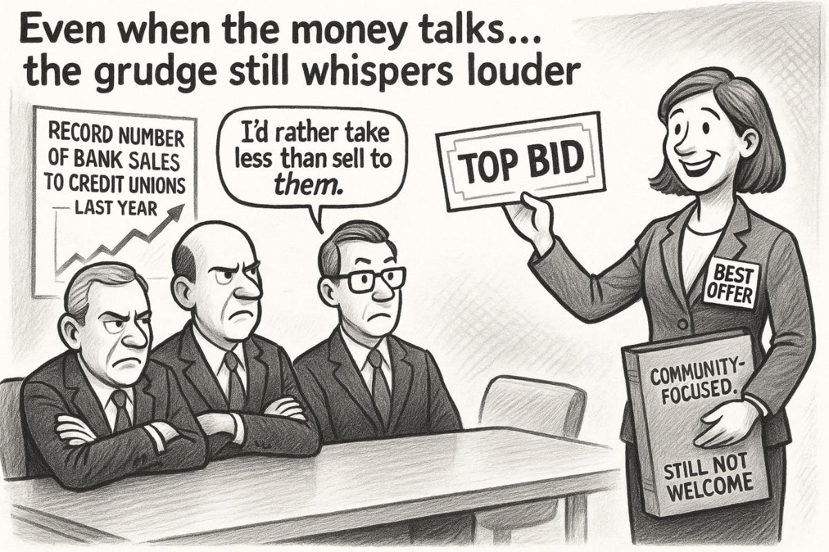 A boardroom with a long table. On one side sit serious-looking bankers in dark suits, arms crossed and noses in the air. On the other side, a smiling credit union representative in a blazer labeled "Best Offer" holds out a giant check labeled "Top Bid."