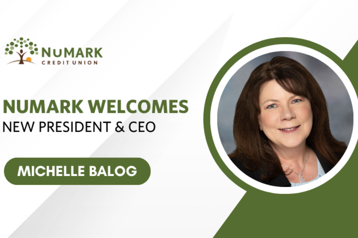 NuMark Credit Union logo with headshot of new CEO Michelle Balog