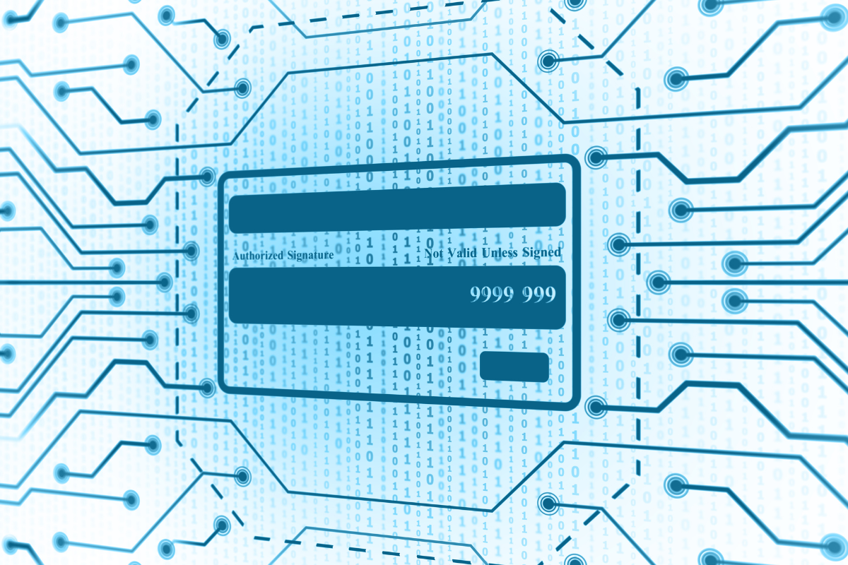 Credit card in digital space with code in background