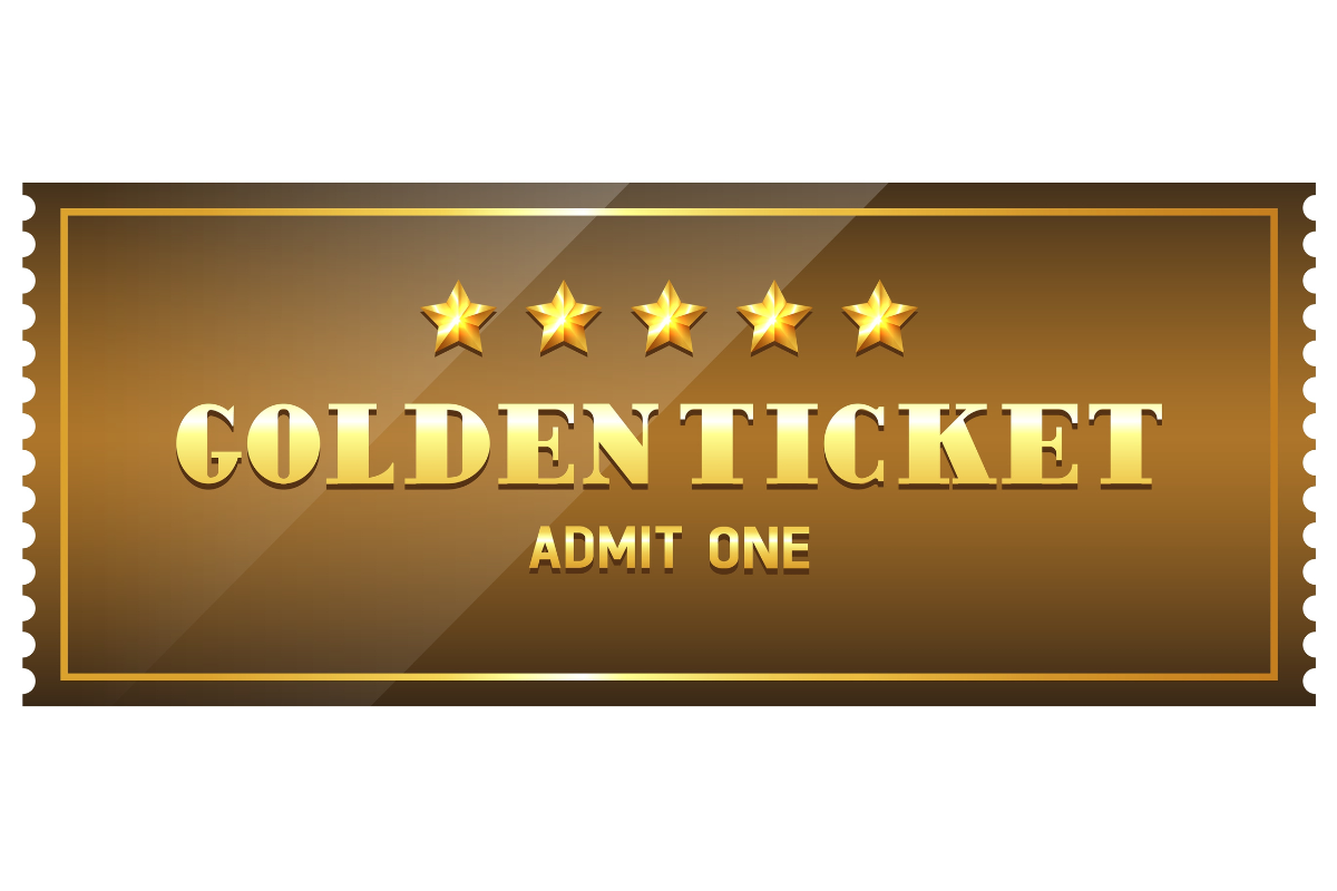 Ticket that says golden ticket admit one