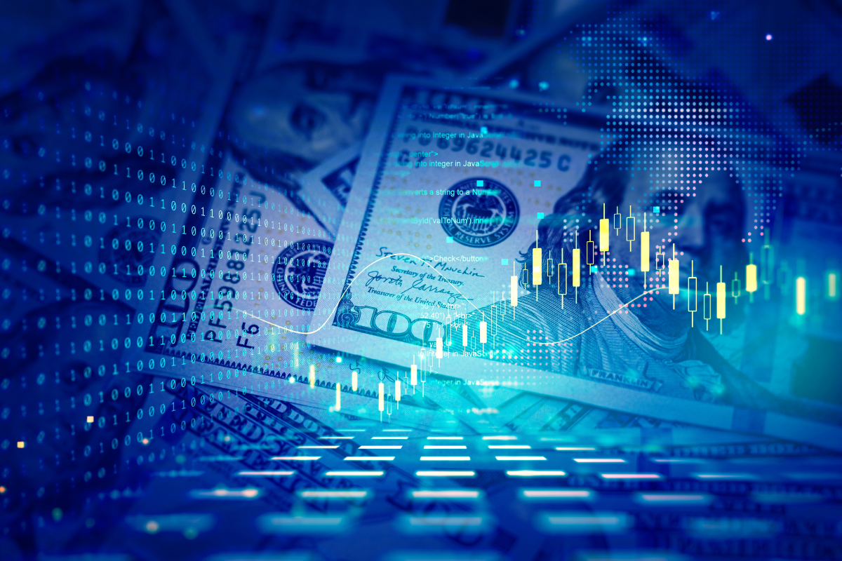 $100 bills with graph and code background