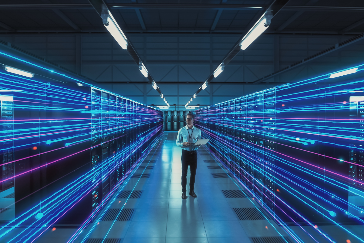 Futuristic Concept: Data Center Chief Technology Officer Using Laptop, Standing In Warehouse, Information Digitalization Lines Streaming Through Servers. SAAS, Cloud Storage, Online Service