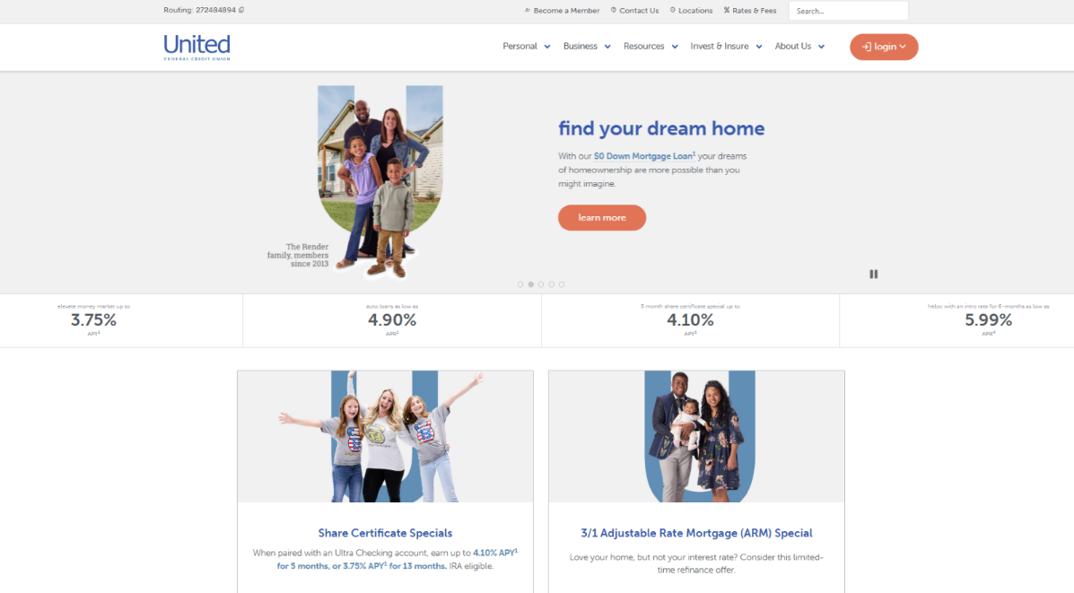United Federal Credit Union’s Redesigned Website Landing Page