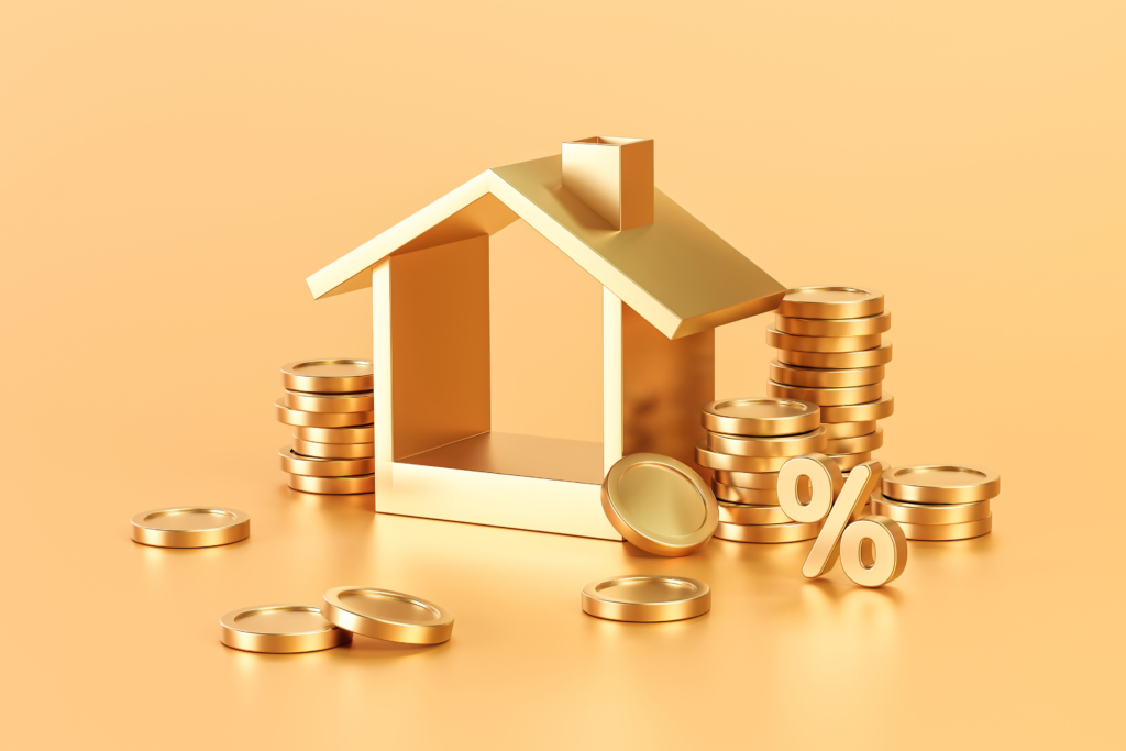 Golden real estate or home property investment on golden background with residential finance economy. 3D rendering.