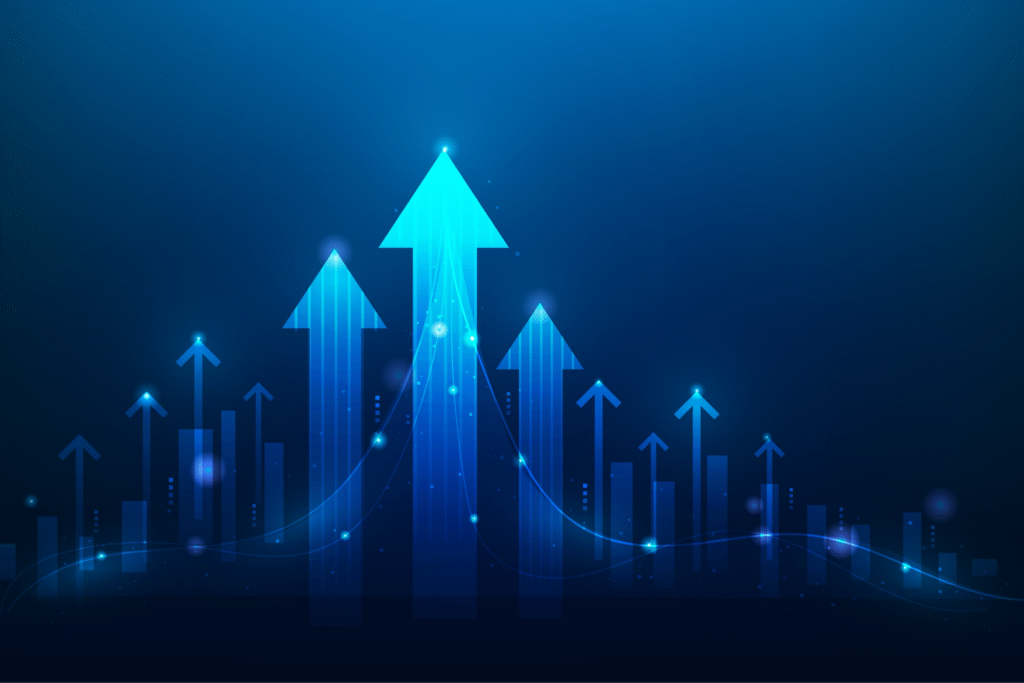 arrow up business success goal target technology digital blue background. finance stock graph investment in increase. growth chart return on investment. startup business concept.