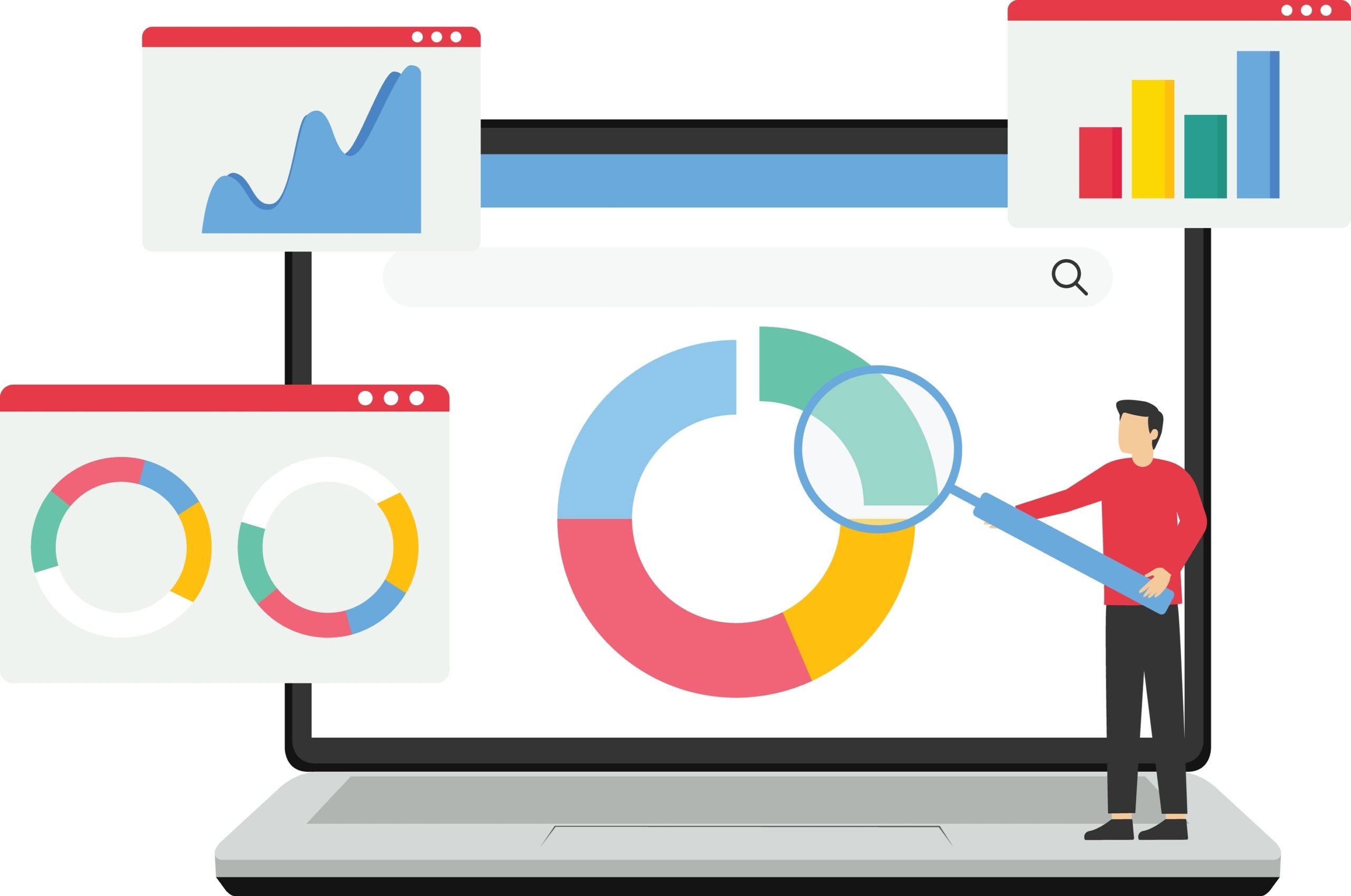 Man holding magnifying glass up to laptop showing data