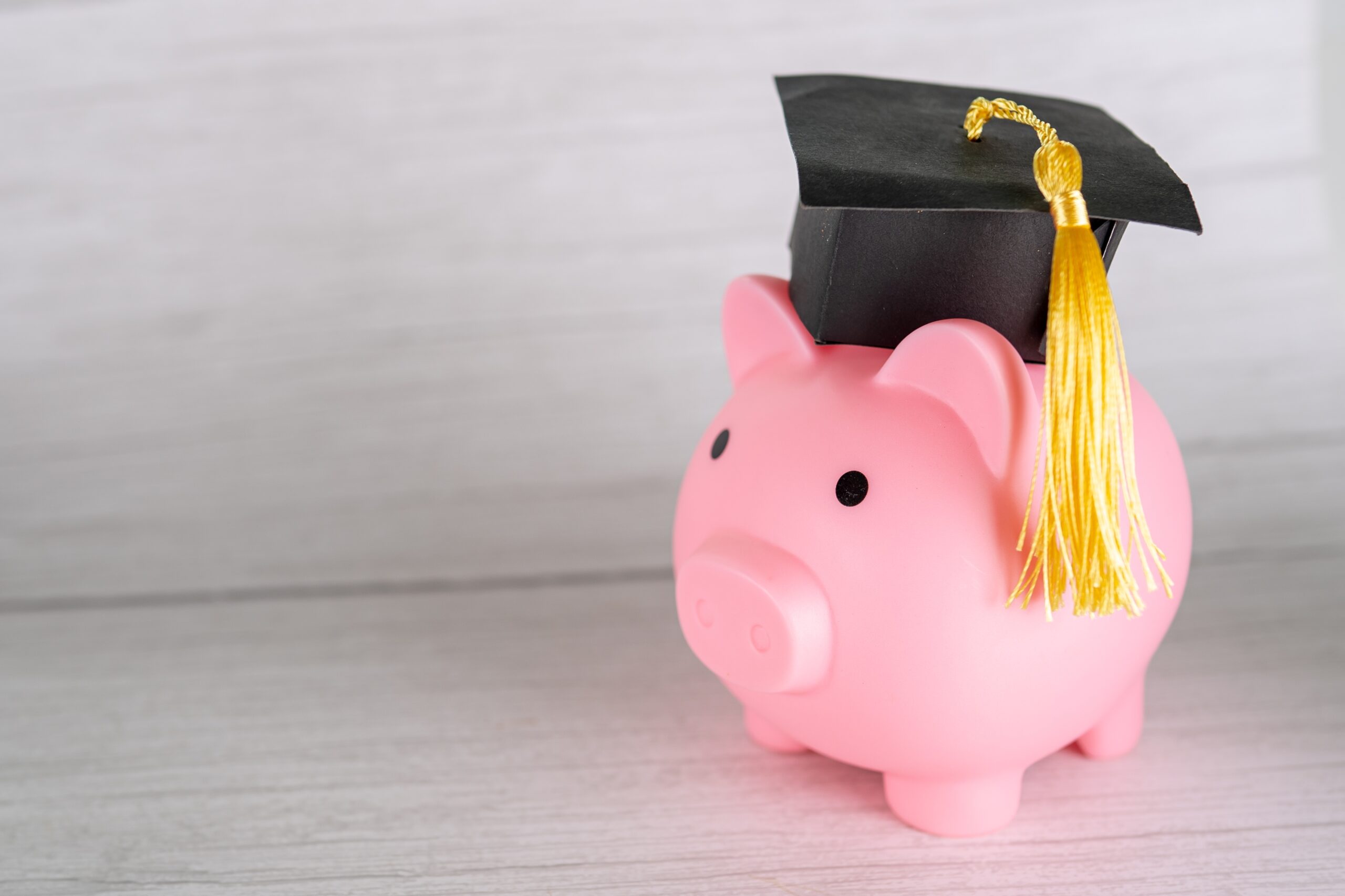 Piggy bank wearing graduation cap