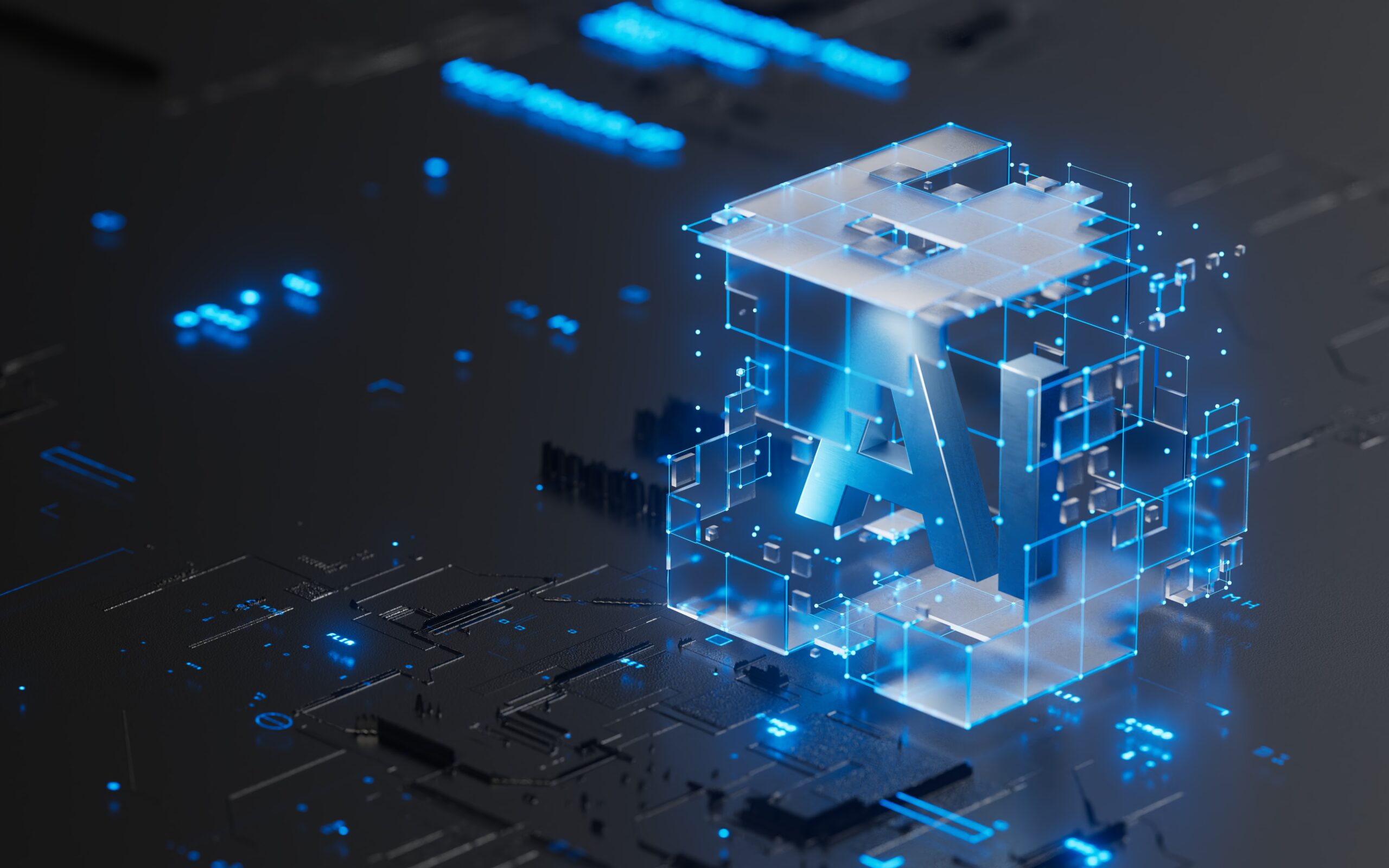 "AI" in digital cube above circuitry