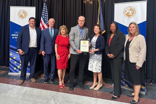 Photo from left: League Board Member Jason Ford of Harvester Financial FCU; League President John McKenzie; Indiana First Lady Maureen Braun; Indiana Governor Mike Braun; League Vice Chair Cari Palmer of Energy Plus CU; League Board Member Karen Madry of Afena FCU; League VP Communications Kay Neidlinger.