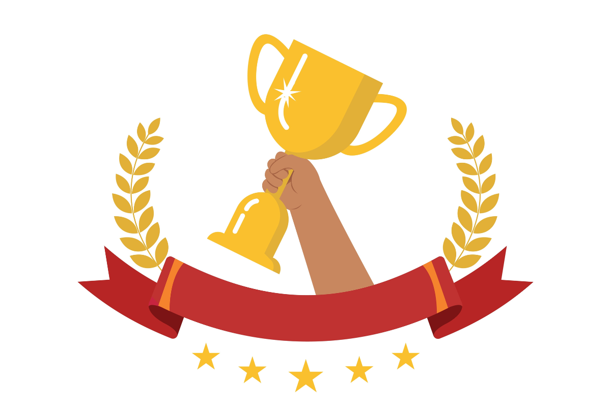 Gold trophy cup inside award ribbon, Hand holding Gold trophy cup concept. Winner trophy award