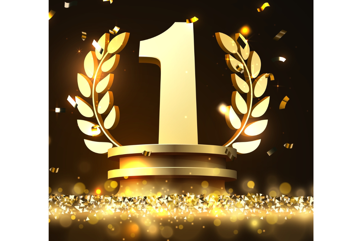 Winner award. Number one. Golden laurel wreath on podium with falling confetti.