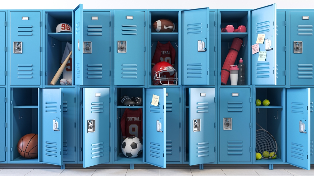 Lockers filled with various sports equipment