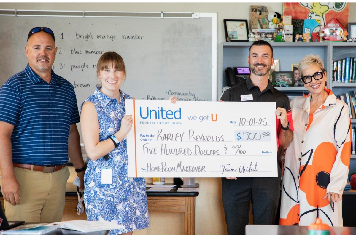 L to R: Jeremy Yates, Birch Kirksey Middle School Principal, Karley Reynolds, Birch Kirksey Middle School winner, Kyly Hathaway, United Senior Market Development Manager, Stacy Warren, Promenade Branch Manager. Photo courtesy of Rogers Public Schools.
