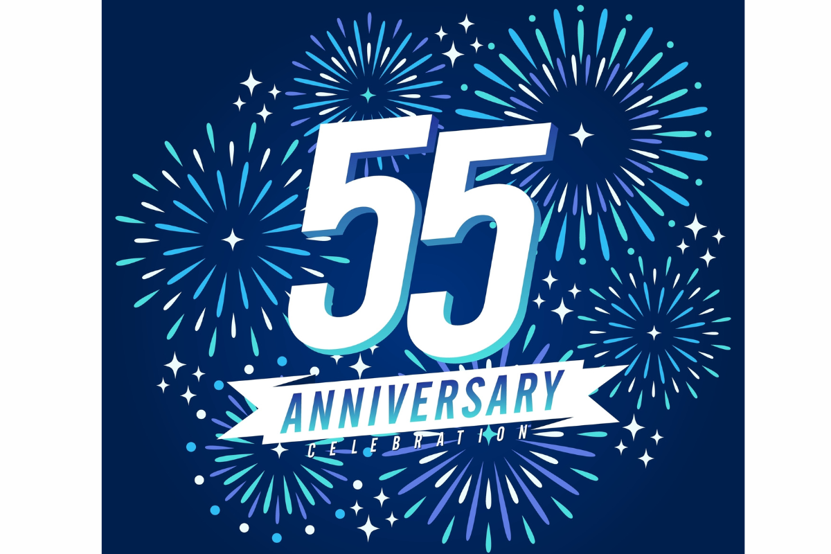 55th years anniversary celebration emblem. congratulations anniversary logo isolated with ribbon and fireworks sparkle on blue background. vector illustration