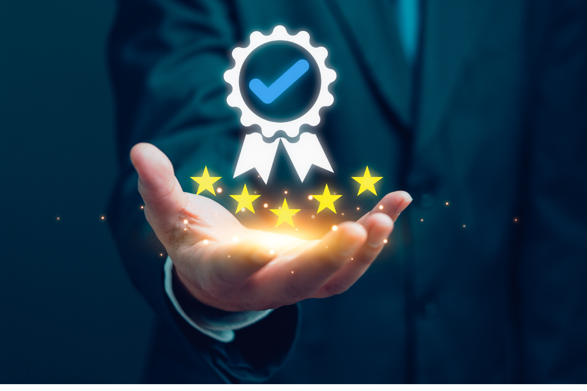Businessman presents a glowing five-star rating and quality assurance certificate badge, certificate service excellence. Best warranty ISO standard and guarantee review. Business Marketing