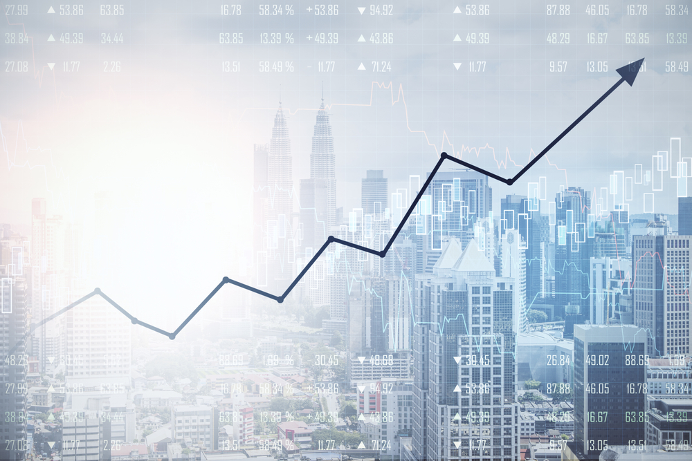 Arrow showing steady growth; city with the background