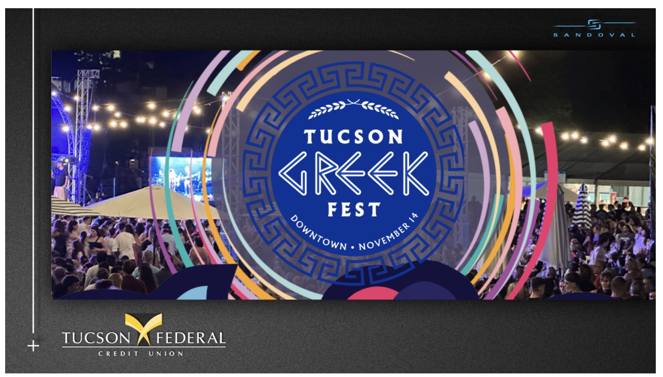 Tucson Federal Credit Union logo with Tucson Greek Festival logo and crowd in background