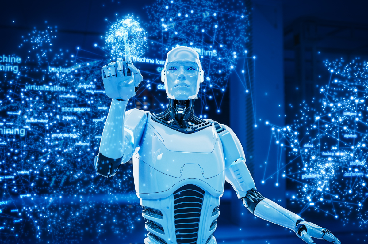 Futuristic Humanoid AI Robot Engages in Advanced Data Analysis and Machine Learning. Utilizing Cloud Computing, Process Big Data with Neural Networks and virtualisation Algorithms in a Virtual Space