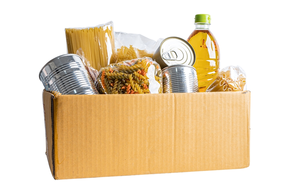 Cardboard box filled with various kinds of food