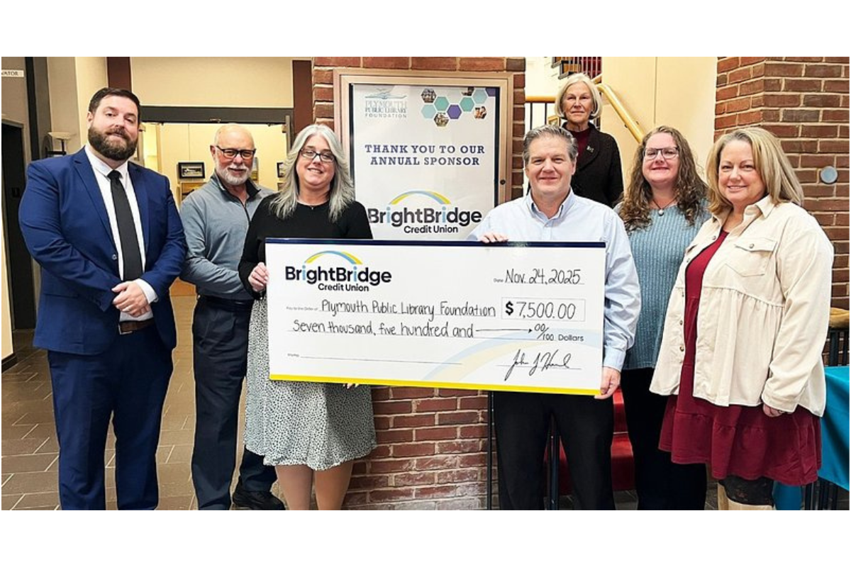 From left: BrightBridge Regional Sales & Service Manager James Kruskall, PPLF Board Member Bill Petrillo, BrightBridge Plymouth Branch Manager Christina Flint, Library Director Manny Leite, PPLF President of the Board of Trustees Judy Fosdick, Assistant Library Director Maureen Coleman and Literacy Coordinator Kristen Enos.