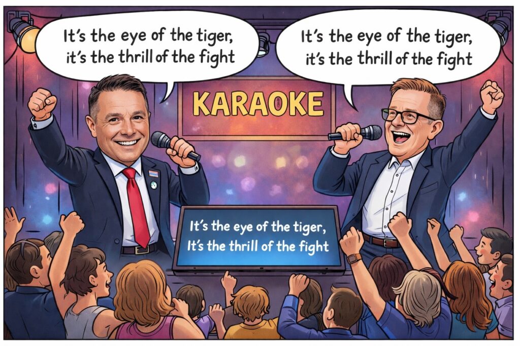 cartoon of 2 people on stage singing karaoke with word bubbles "It's the eye of the tiger, it's the thrill of the fight' with people dancing in front of them