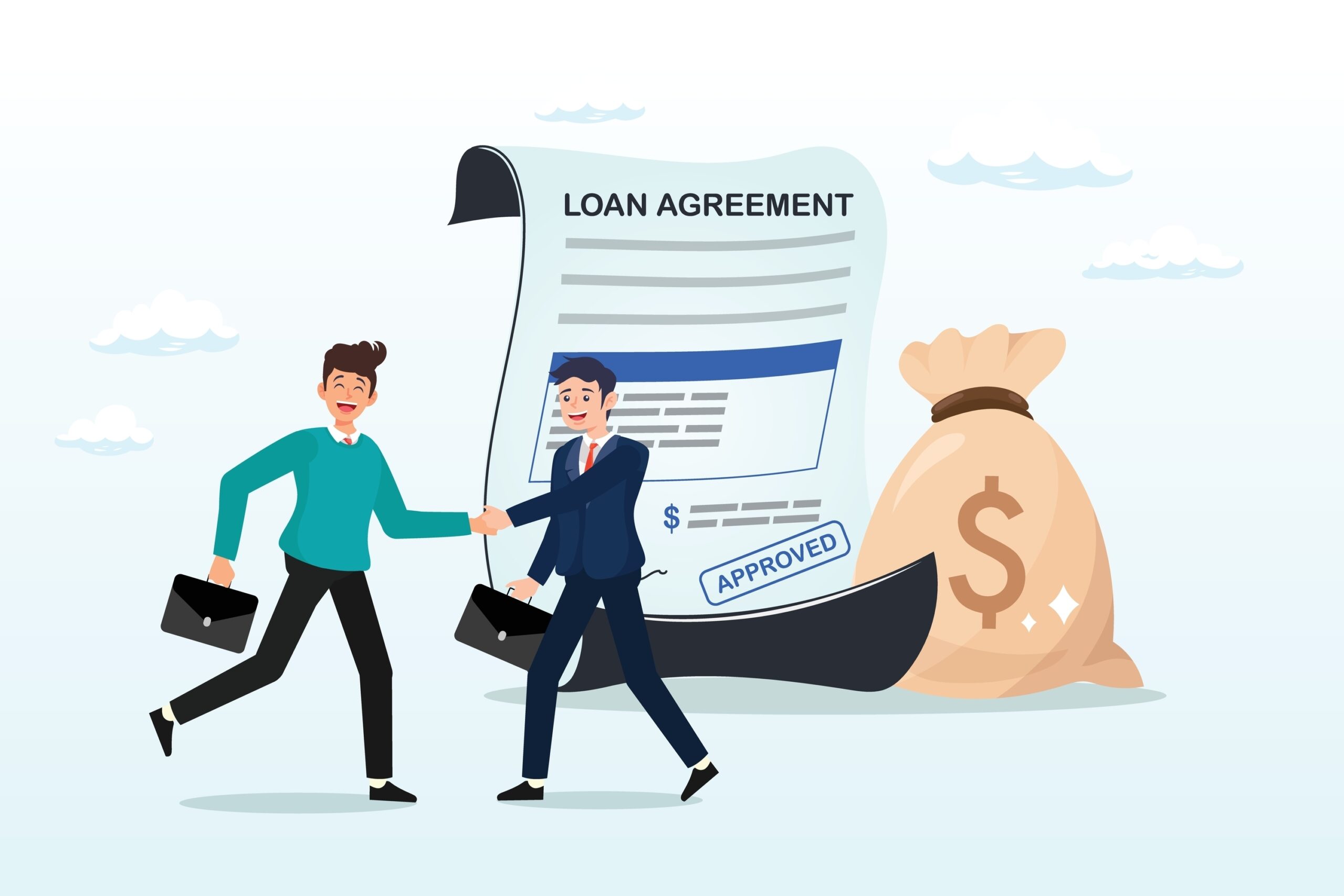 Businessman shaking hand with loan agreement and money bag, loan agreement borrow money from bank, mortgage, debt or obligation to pay back interest rate, personal loan or financial support