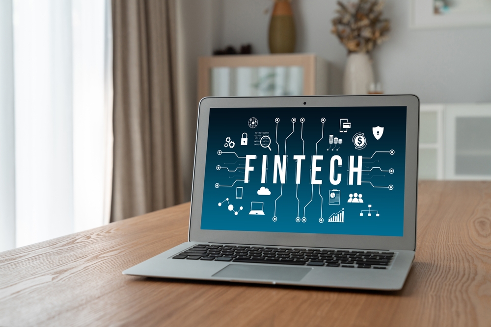 "Fintech" and other symbols on laptop screen