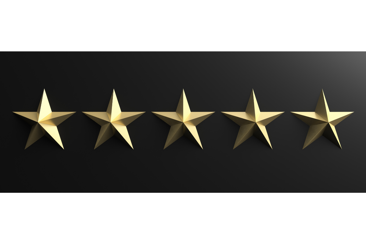 5 stars gold color sign. Shiny brass five stars on black background, luxury, elegance, quality concept. 3d illustration
