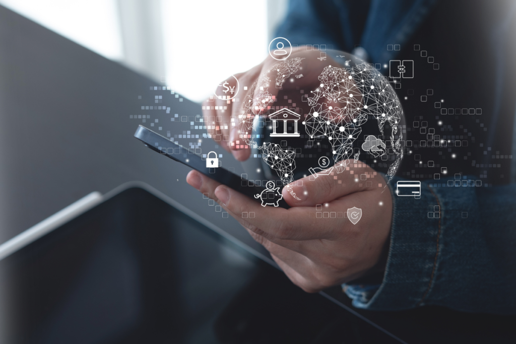 Woman using mobile phone for online banking with global network on virtual screen. E-commerce. Online payment via mobile banking app, E-transaction, virtual bank, financial technology concept
