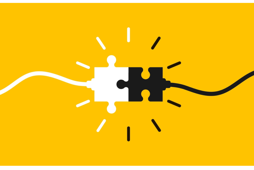Puzzle pieces connected together. Two puzzle pieces with cables coming together on yellow background. Problem solving concept, business solutions and ideas. Vector illustration.