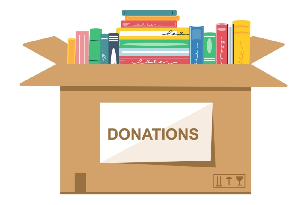 Donate books. Cardboard box with colourful books for donation. Concept of social and humanitarian aid, volunteering and charity.Vector illustration.