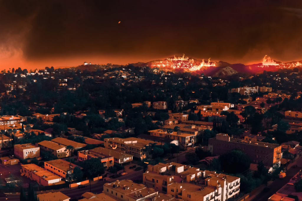 Wildfires engulf Los Angeles landscape, illuminating the night sky with flames and smoke in a devastating display of nature's fury