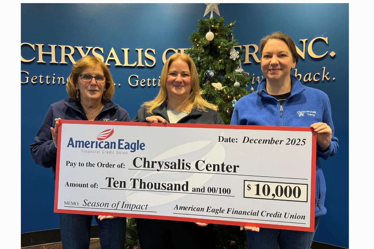 Photo left to right: Lynda Waldron, Executive Assistant, Chrysalis Center; Colleen Boccaccio, Manager Community Engagement, American Eagle; and Summer Sivetz, Director of Development & Communications, Chrysalis Center.