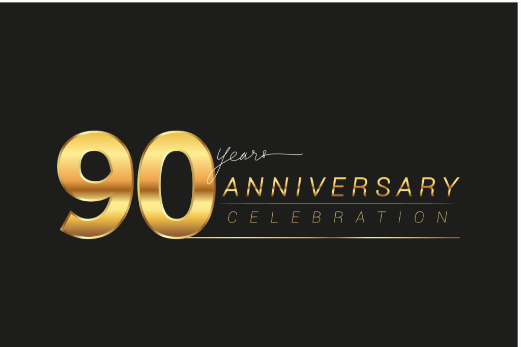90th years anniversary celebration logotype. Anniversary logo with golden and silver color isolated on black background, vector design for celebration, invitation card, and greeting card.