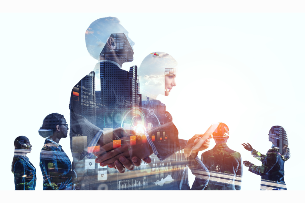 Group of business people outlines with lit background . Mixed media