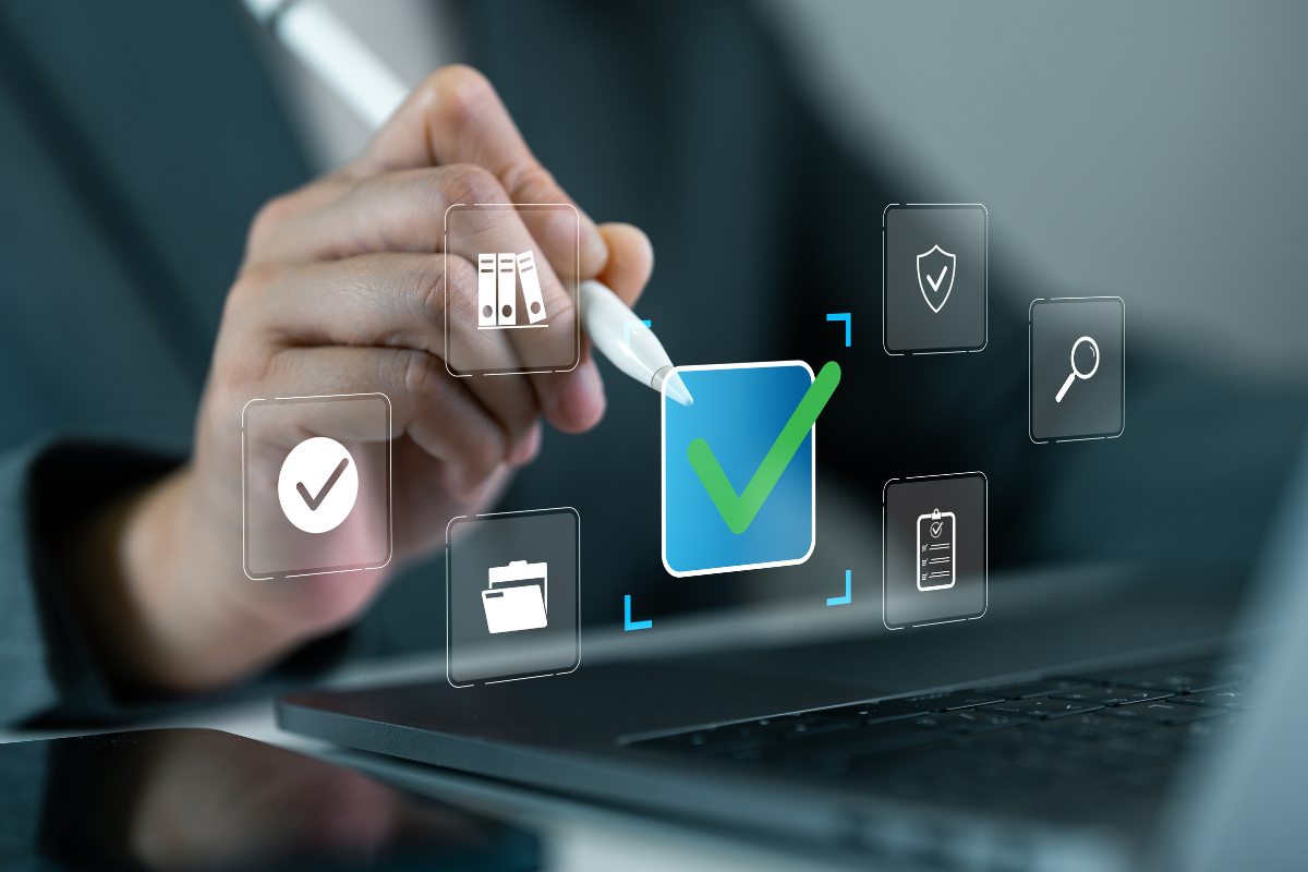 Digital approval, business compliance, online verification concept. Hand using stylus to select digital checkmark, online document, audit and secure data management in modern business systems.