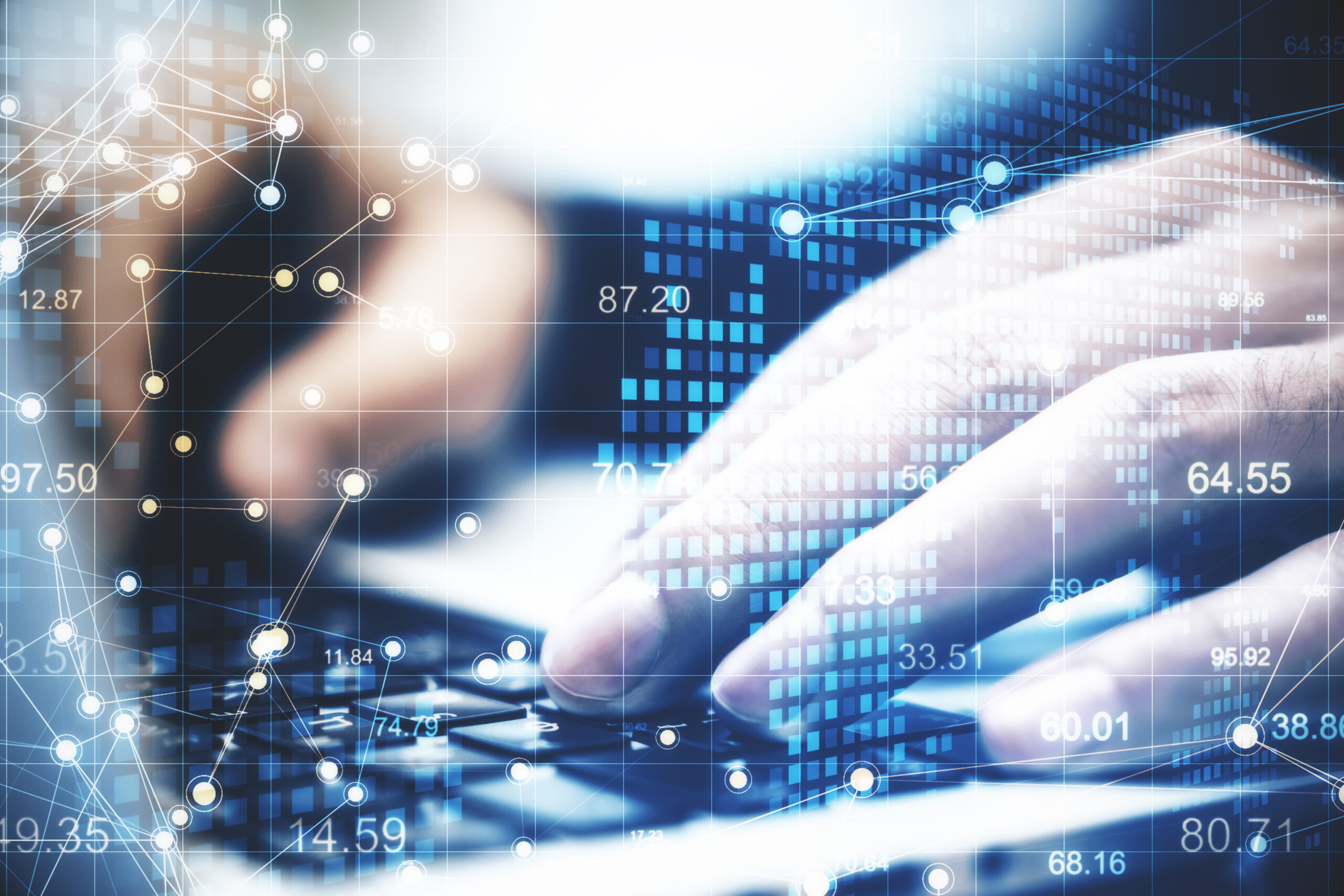 Hand typing on laptop and scatter charts with digital earth. Global business and communication concept. Close up