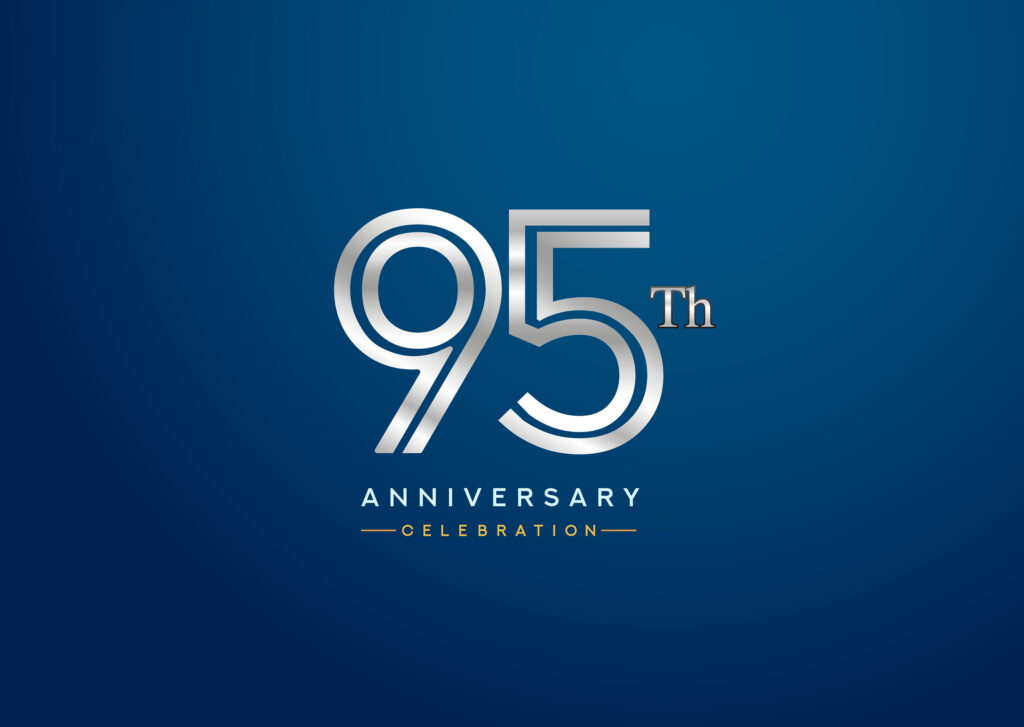 95th anniversary celebration logotype with linked number silver color isolated on blue color. vector anniversary for celebration, invitation card, and greeting card