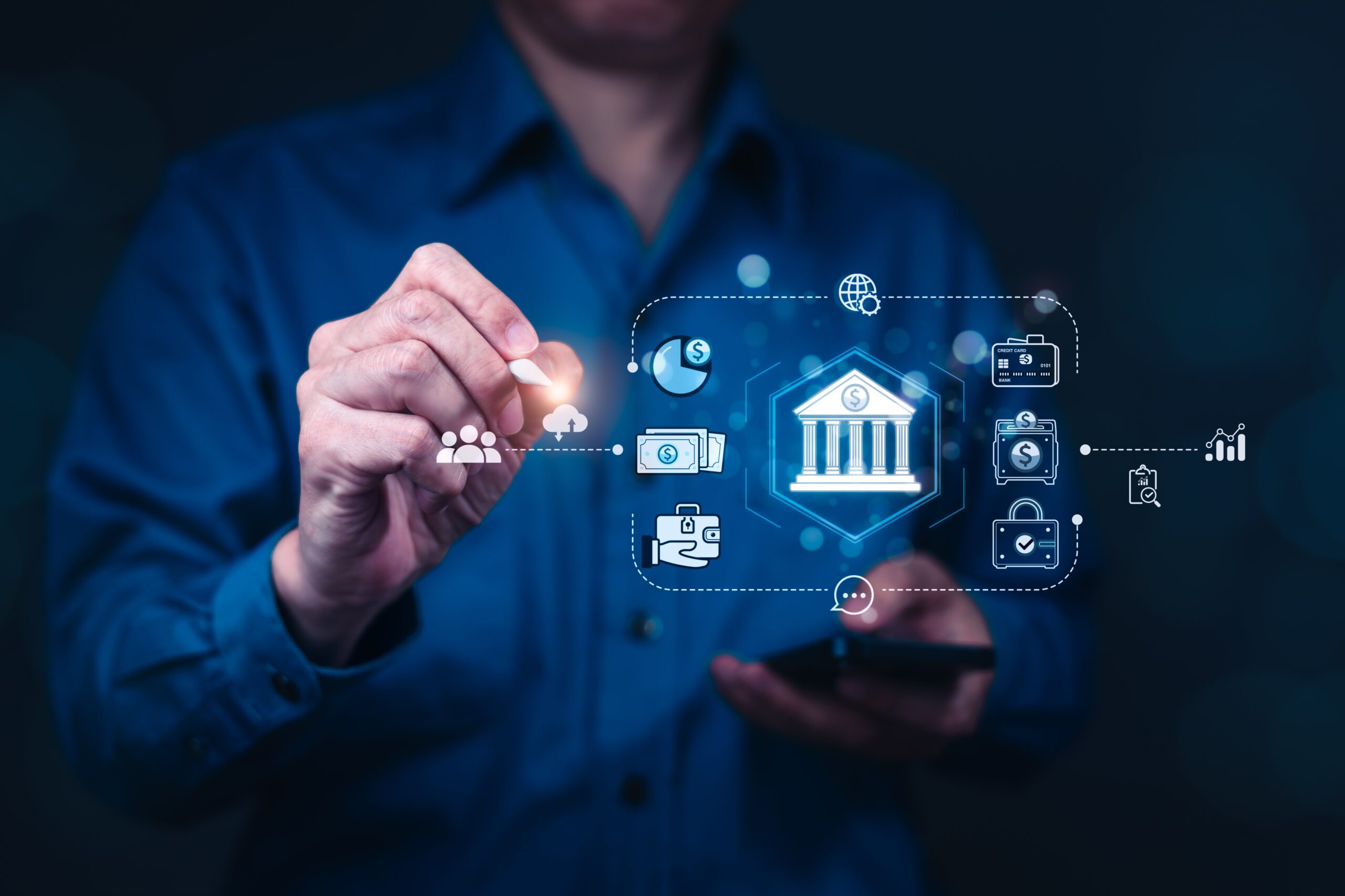 Man holding phone, pointing at digital coin, symbolizes the future of finance, combining traditional currency with modern technology on digital banking, cryptocurrency and financial innovation