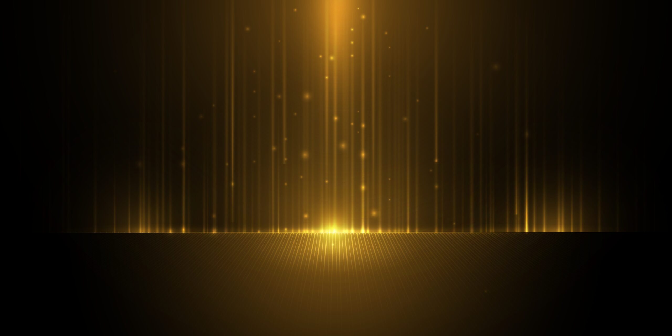 Vector illustration gold light ray, stage scene for luxury poster, template premium award design. Abstract elegant golden, glow with glitter, lighting effect sparkle on black background.