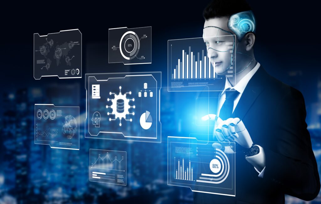 AI reading big data visualization dashboard, analyzing insights, identifying patterns, and generating strategic decisions through automated data interpretation. Vouch