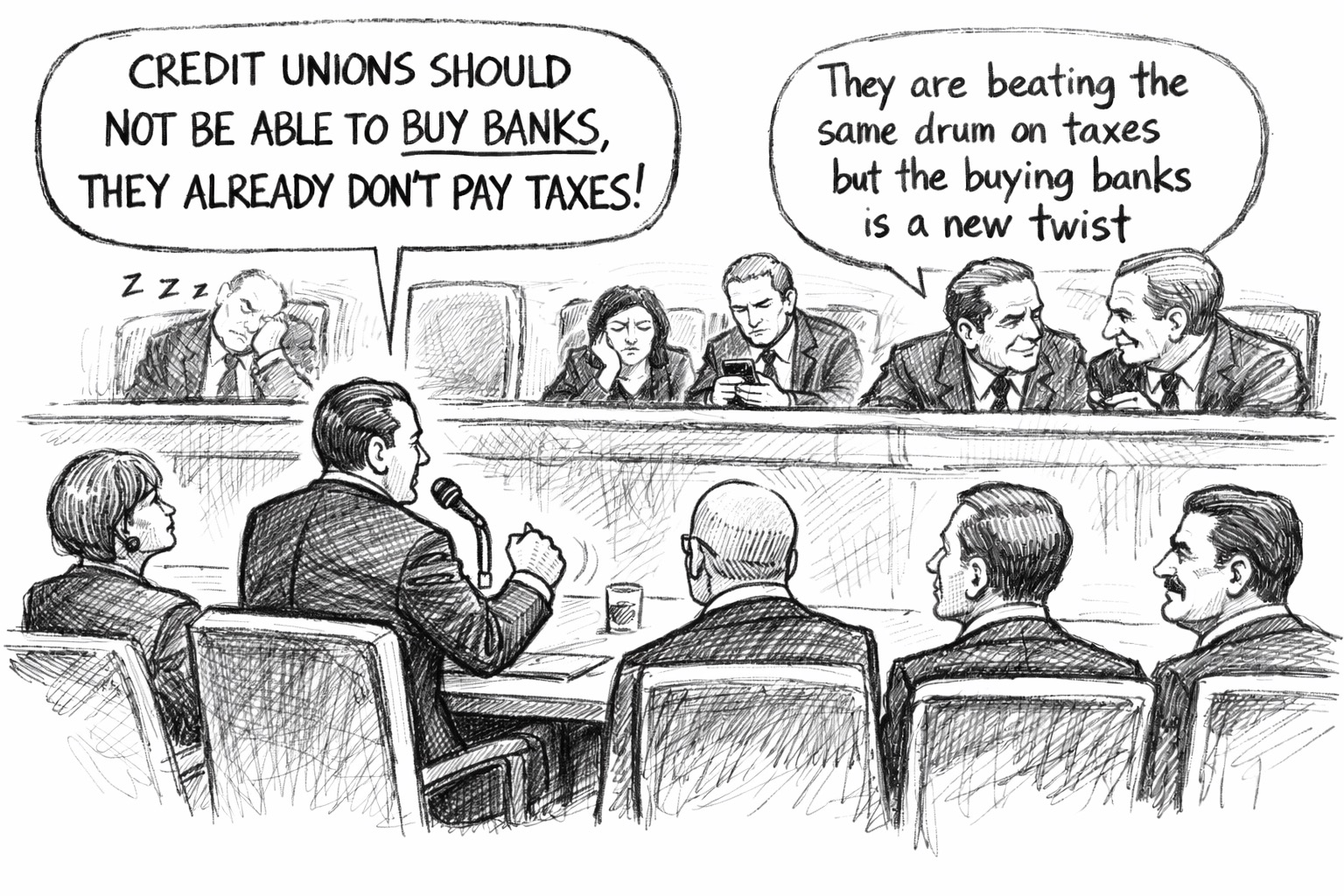 cartoon of a group of bankers whining to congress with one baanker with a word bubble that says credit unions should not be able to buy banks they already don't pay takers with a congressman talking to another with a word bubble above hime that says They are beating the same drum on taxes but the buying banks is a new twist