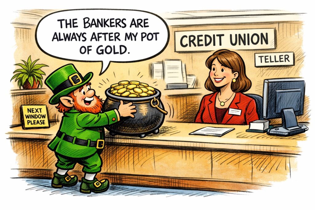 a leprechaun in a credit union at a teller putting his pot of gold on the counter with a word bubble that says BANKES ARE ALWAYS TRYING TO GET MY POT OF GOLD