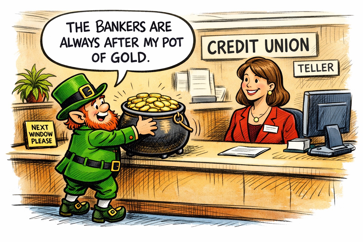 a leprechaun in a credit union at a teller putting his pot of gold on the counter with a word bubble that says BANKES ARE ALWAYS TRYING TO GET MY POT OF GOLD
