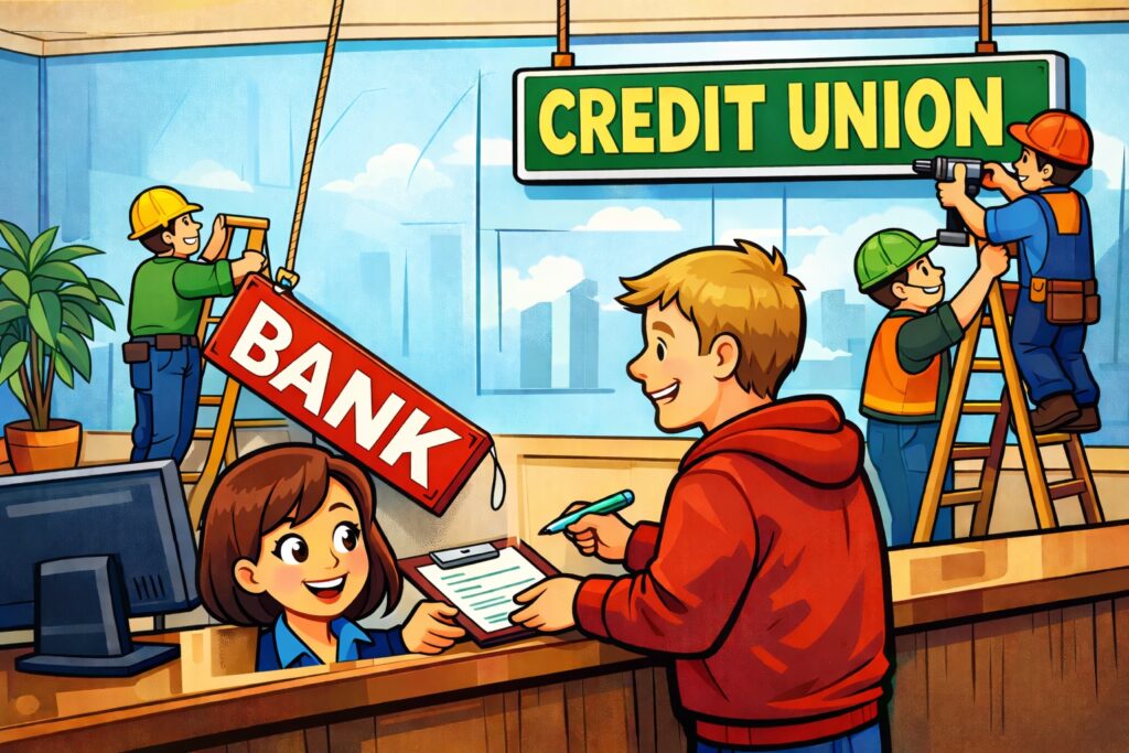 Cartoon image of a person at a counter talking to a credit union employee holding a clipboard and in the background workers are taking down the bank sign and putting up the credit union sign