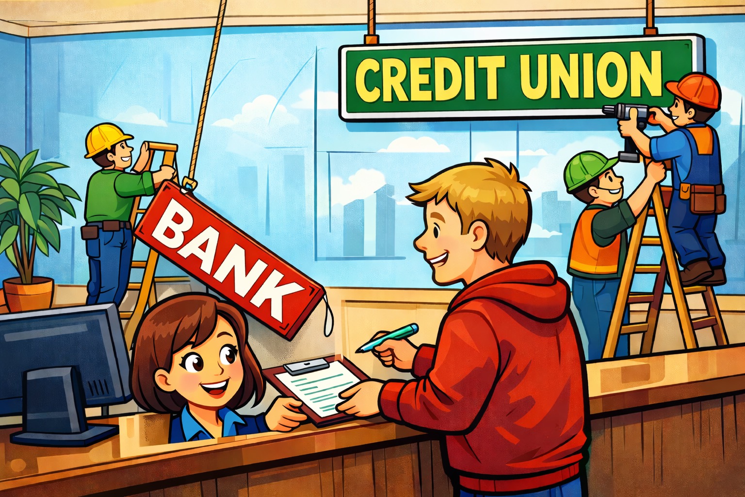 Cartoon image of a person at a counter talking to a credit union employee holding a clipboard and in the background workers are taking down the bank sign and putting up the credit union sign